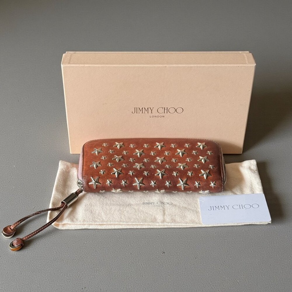 Jimmy Choo Star Stud Brown Leather Zip Wallet | Box & Dustbag